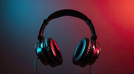 A pair of black Black headphones suspended in the air, surrounded