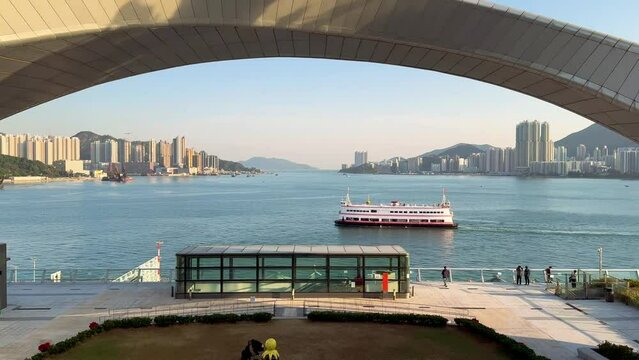 Hong Kong, December 28th 2023 - Magnificent view of Kai Tak Cruise Terminal Park, a newly opened public park and outdoor space at the site of once the Kai Tak International Airport in Hong Kong.