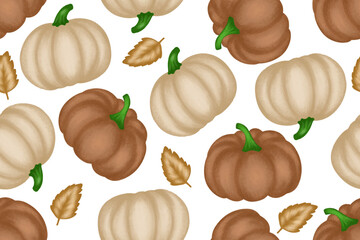 Autumn pumpkins seamless pattern, beige and brown color isolated on white background with leaves