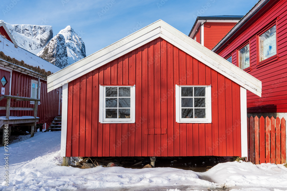 Wall mural red traditional house in lofoten, norway