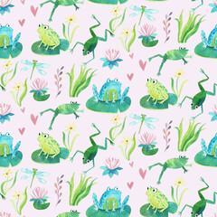 Frogs on water lilies, cute watercolor illustration