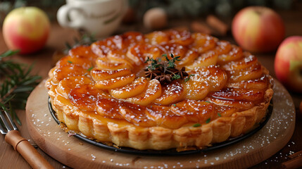 French Tarte Tatin on Decorated Table for HD Wallpaper with Cinematic Effect