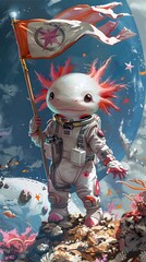 Intrepid Axolotl Astronaut Discovers Alien Worlds Unfurling Enigmatic Banner in Cosmic Odyssey