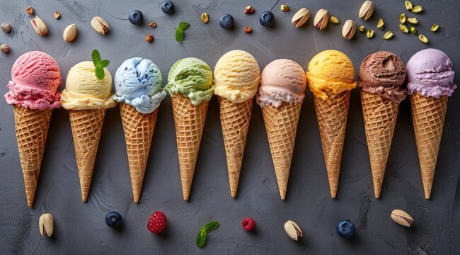 Vibrant Assortment of Colorful Ice Cream Cones on Grey Background