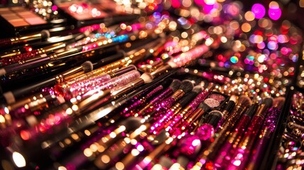 Assortment of colorful makeup brushes with glitter handles on a reflective surface. - obrazy, fototapety, plakaty