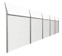 Clear Security Barrier: This anti-climb barbed wire mesh fence (3D) is isolated. The transparent background allows for seamless integration into design projects, highlighting high-security fencing.