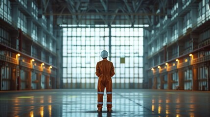 Solitary worker observing an expansive warehouse