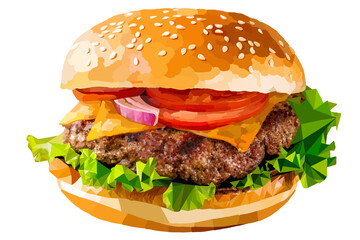 Geometric pattern style, delicious, cheese, tomato, beef and vegetables burger design illustration 