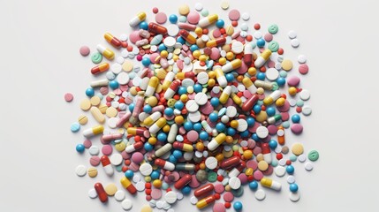 Assorted colorful pills and capsules scattered on white background