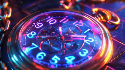 A neon pocket watch ticking in analog time moments