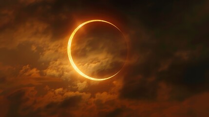 Obraz na płótnie Canvas Full ring solar eclipse with orange clouds. Celestial event concept with place for text for design and print.