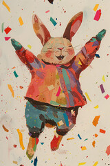 happy rabbit wearing colorful clothes
