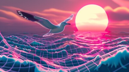 Obraz na płótnie Canvas A neon seagull soaring above digital waves ocean