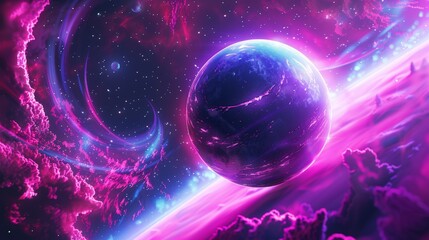 A neon hued digital planet orbiting in a synthwave galaxy