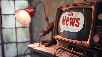 Vintage television displaying fake news sign. Retro broadcast concept with modern message for design and art