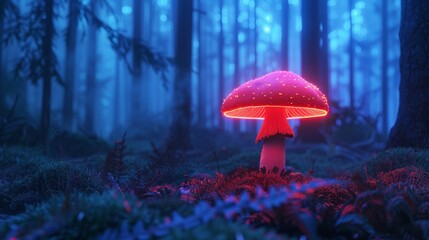 A single neon mushroom glowing in a digital forest - obrazy, fototapety, plakaty