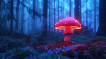 Deurstickers A single neon mushroom glowing in a digital forest © Jira