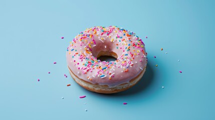 Pink frosted donut with colorful sprinkles on a blue background. Flat lay food composition with copy space