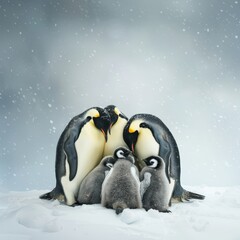 A group of penguins huddling for warmth, penguin family in winter