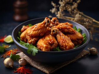 Perfectly baked chicken wings in the asian style professional photography