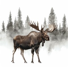 A robust moose standing in a misty forest