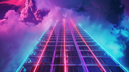 The gleaming facade of  a neon skyscraper reaching clouds in the sky - obrazy, fototapety, plakaty
