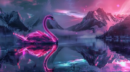 The reflective solitude of a neon swan in a digital lagoon