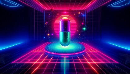 A synthwave inspired illustration of a pill, set against a vibrant neon backdrop with grid lines and geometric shape