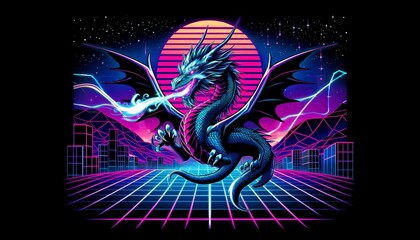 A synthwave inspired illustration of a dragon, incorporating vibrant neon colors and futuristic elements