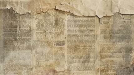 Newspaper pattern with old unreadable text and images. Vintage blurred paper news texture background. Textured page. Sepia beige collage. Print for wallpaper, wrapping paper. High quality photo