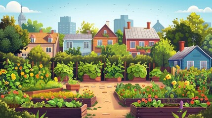Thriving Community Garden Showcases Neighbors Shared Love for Homegrown Produce and Colorful Flora in Vibrant Urban Landscape