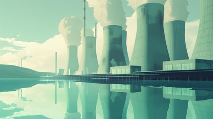 Cooling towers of a nuclear power plant with reflection in water. Environmental and energy concept
