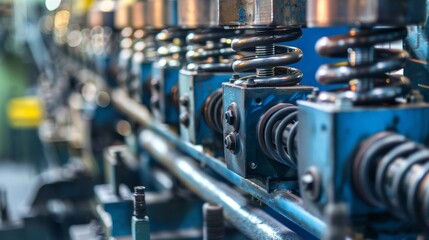 Close-up of blue spring coiling machine in factory. Detail of mechanical production line - obrazy, fototapety, plakaty