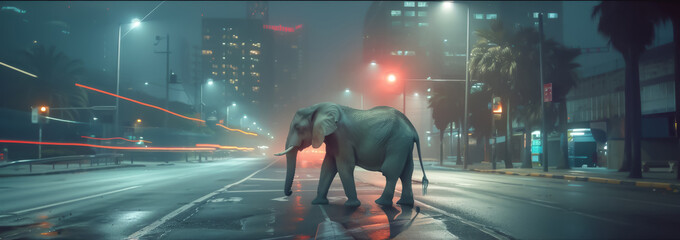 A solitary elephant crossing the wet streets of a neon-lit city in a surreal urban tableau