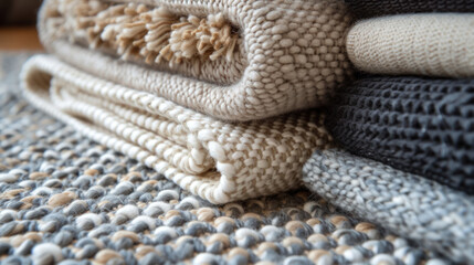 Stacked knitwear in rich textures, highlighting the cozy warmth and handcrafted quality of woolen garments