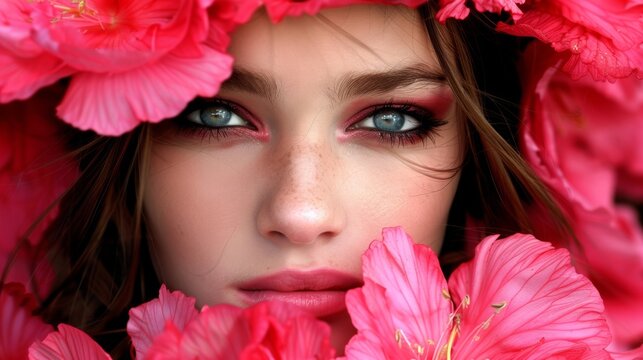 Portrait of a woman with makeup surrounded by red flowers. Macro shot with floral frame. Beauty and nature concept