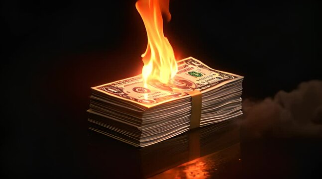 Stack of dollar burning isolated black background close up