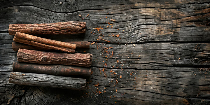 Top view of cinnamon sticks on wooden table, with copy space for text, Banco de imagens
