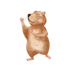 Watercolor hamster. Funny standing hamster isolated on white background. Illustration for nursery, stickers, greetings.