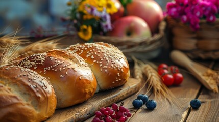 Artisan bread with sesame seeds, wheat ears, and fresh fruits on a wooden table. Rustic bakery and autumn harvest concept