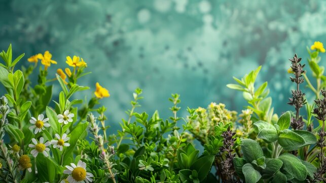 Various fresh herbs and wildflowers on a teal background with bokeh effect.