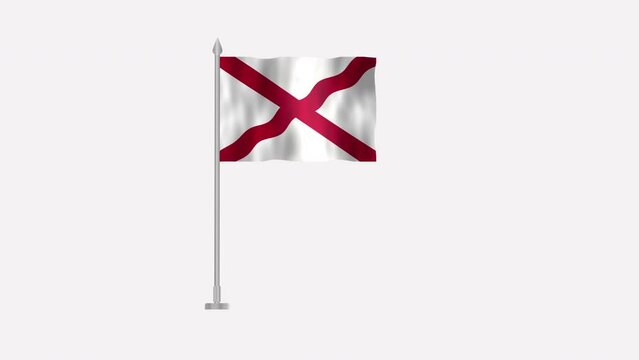 Flag of Alabama, Pole flag of Alabama on white screen, USA States Alabama 3D Animation flag waving in the wind isolated on white Background. 

