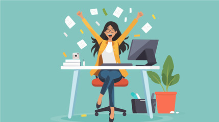 Business woman celebrating success at work - vector image