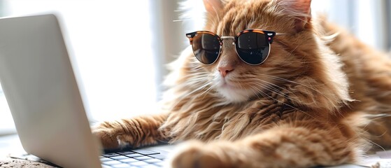 Sleek Feline Tech Guru Commands the Keyboard. Concept Technology, Cats, Blogging, Lifestyle, Social Media - obrazy, fototapety, plakaty