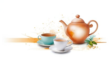 Elegant tea set with splashing tea and flower