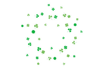 Background of flying green clover leaves, three and four leaf. Vector illustration for cover, banner, poster, card, web and packaging. 