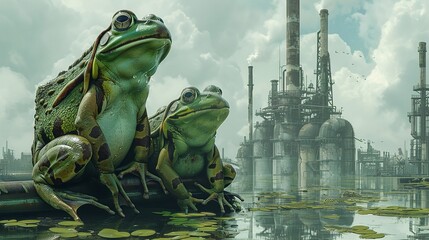 green frogs,wind,Aether, industrial, new realism , illustration