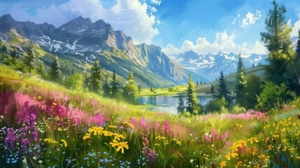 A beautiful landscape with mountains in the background and a field of flowers