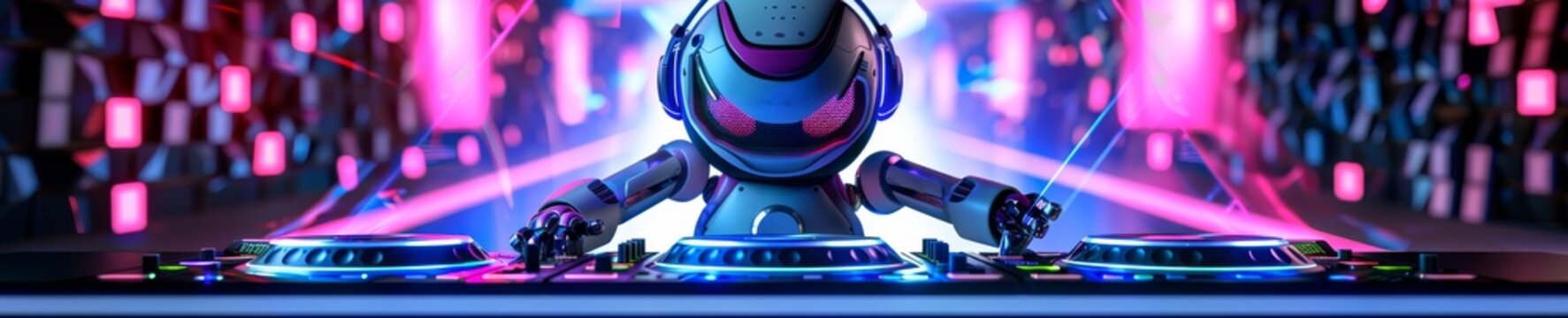 A cute 3D robot as a DJ, spinning decks with its robotic arms, head bobbing to the beat under neon lights