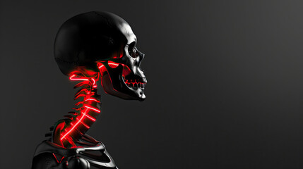 A black and white photo of the skeleton with neon red glowing lines in its neck, with a simple minimalistic design and simple art style
